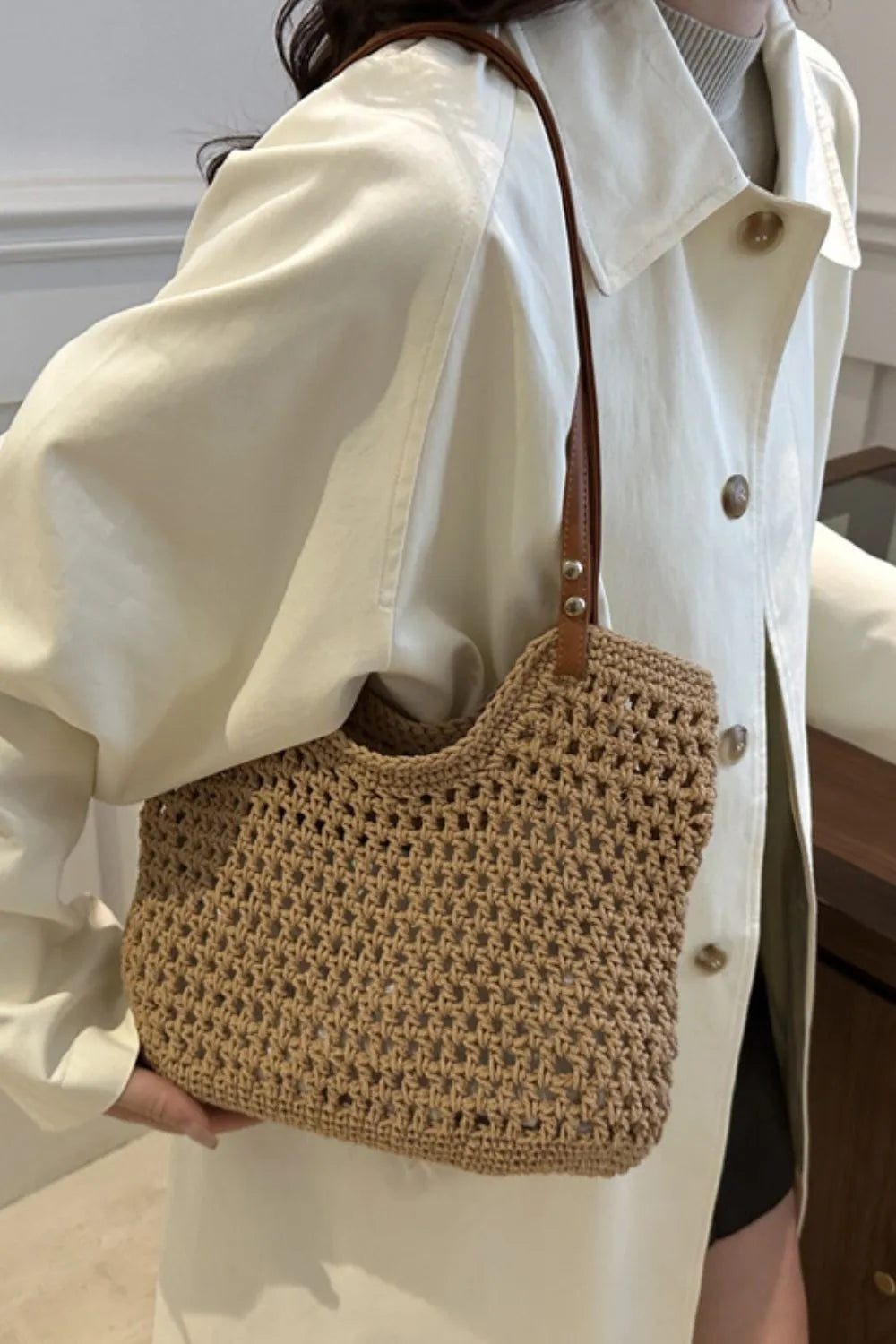 Eco-friendly women's woven cotton shoulder bag, a natural & lightweight tote for daily use.