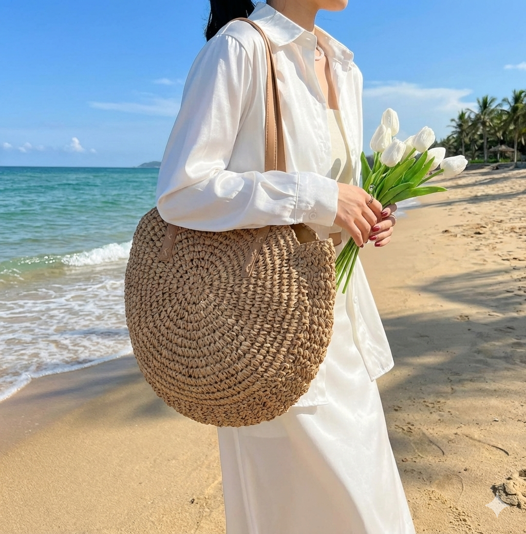 Bohemian style round woven beach tote bag for women. Versatile shoulder bag for summer adventures & resort.