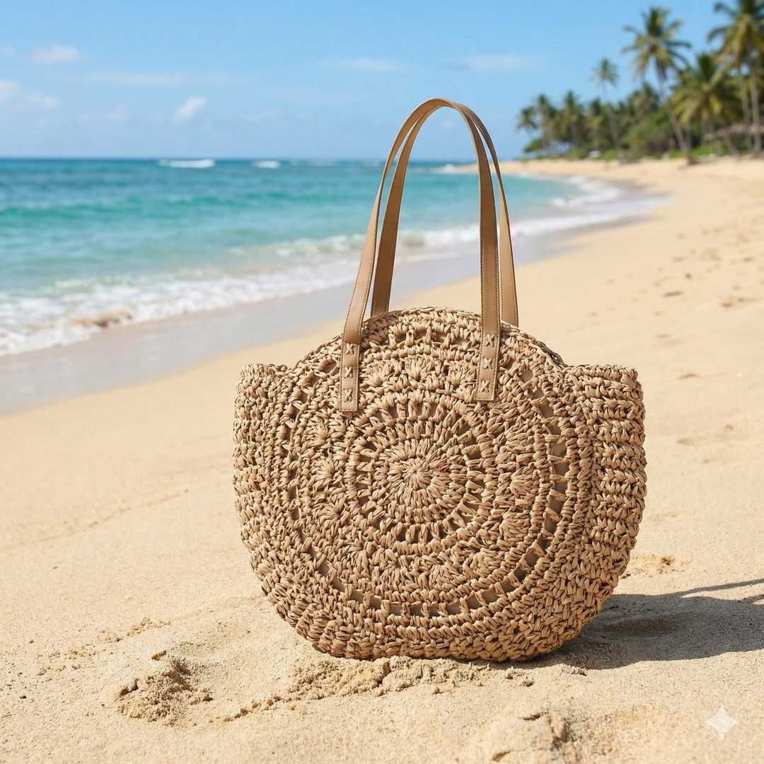 Natural straw woven round tote bag for women, an essential summer accessory. Ideal for beach, travel & daily use.