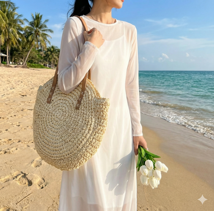 Handcrafted round woven tote bag for women, a stylish beach & shoulder bag. Elevate your summer bohemian look.