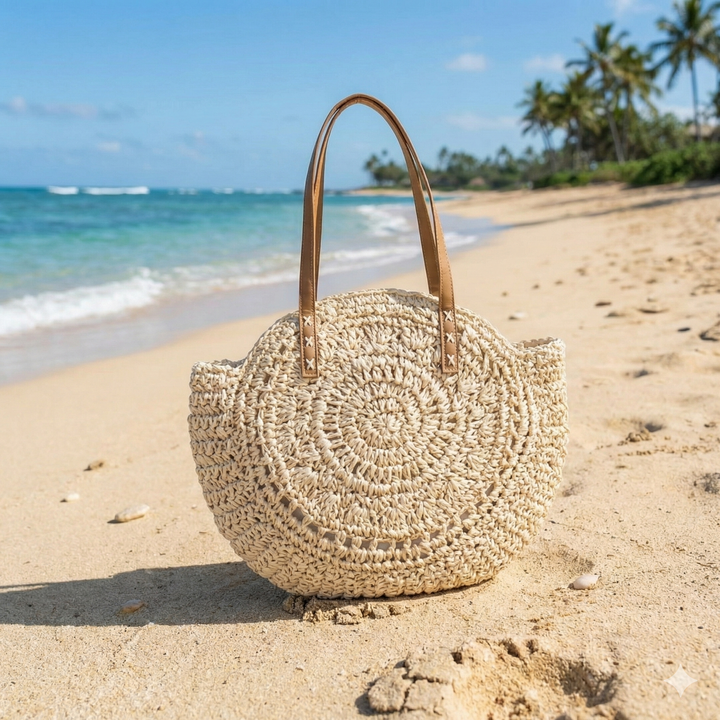 Lightweight women's round woven beach tote, ideal for carrying essentials. Perfect summer fashion accessory.