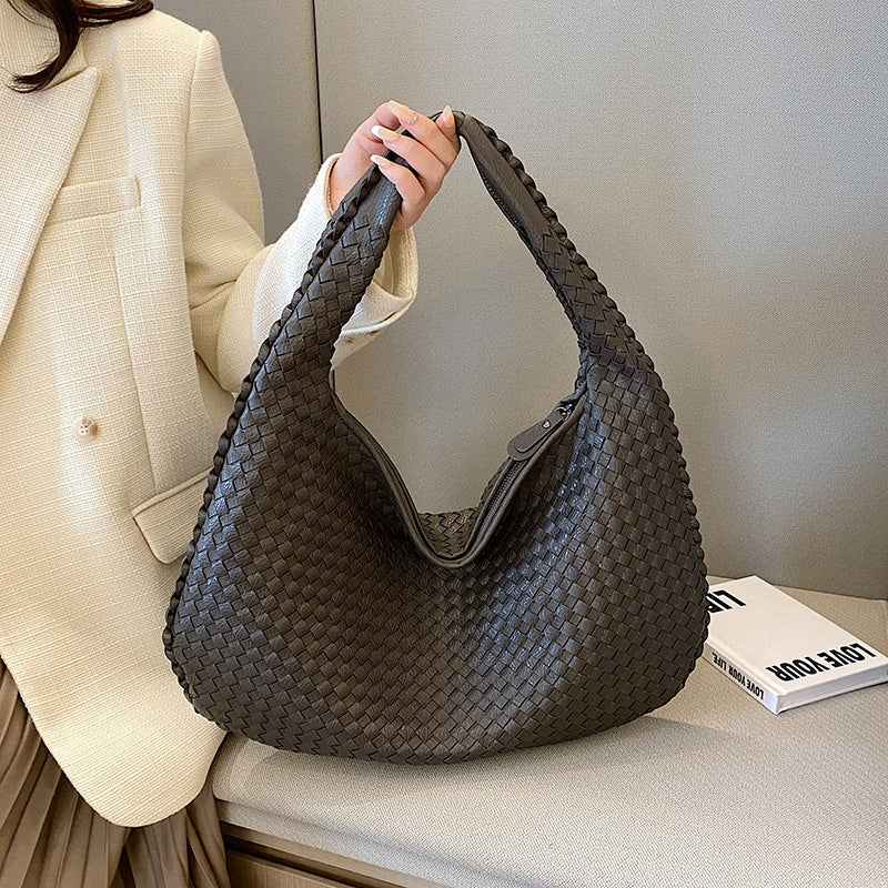 Neutral-toned woven shoulder bag for women, ideal for versatile everyday carry & an office tote.