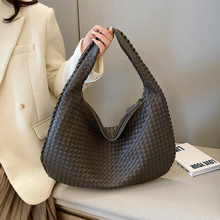 Neutral-toned woven shoulder bag for women, ideal for versatile everyday carry & an office tote.