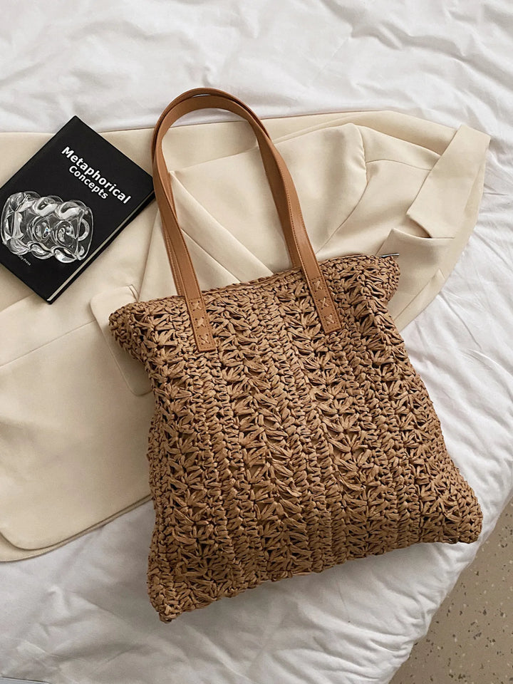 Hand-woven straw shoulder tote for women, a chic and lightweight summer bag for beach or vacation.