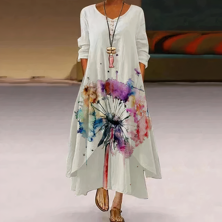 "Women's breathable midi dress with elegant floral design, A-line silhouette, perfect for all seasons and occasions."
