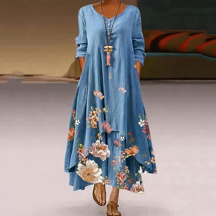 "Women's breathable midi dress with elegant floral design, A-line silhouette, perfect for all seasons and occasions."