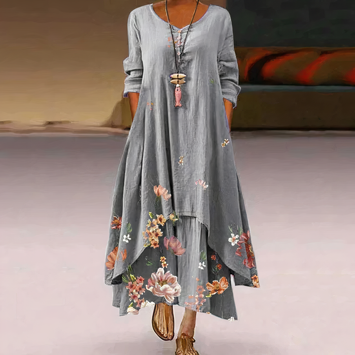"Women's breathable midi dress with elegant floral design, A-line silhouette, perfect for all seasons and occasions."