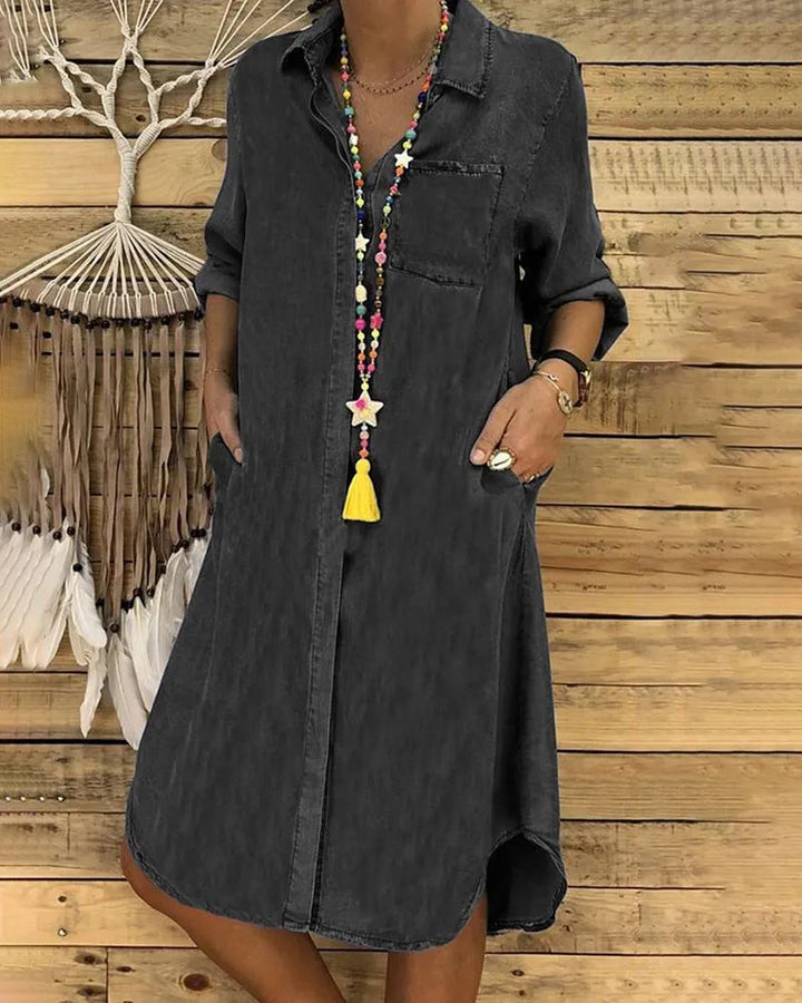 "Women's casual denim midi dress with rolled sleeves and pockets, A-line silhouette, perfect for summer outings."