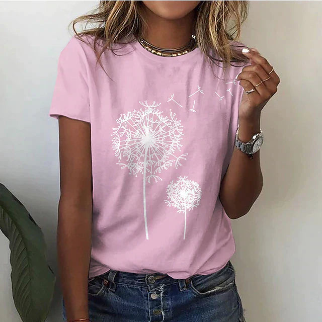 "Women's casual floral T-shirt in black with dandelion print, round neckline, relaxed fit, available in multiple colors."