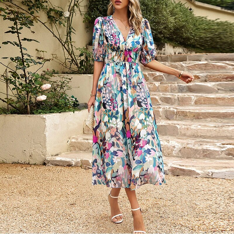 "Women's casual V-neck midi dress in breathable cotton, features short sleeves and a relaxed silhouette for summer comfort."