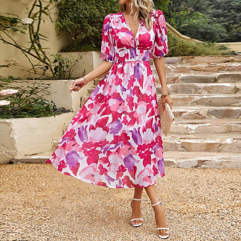 "Women's casual V-neck midi dress in breathable cotton, features short sleeves and a relaxed silhouette for summer comfort."