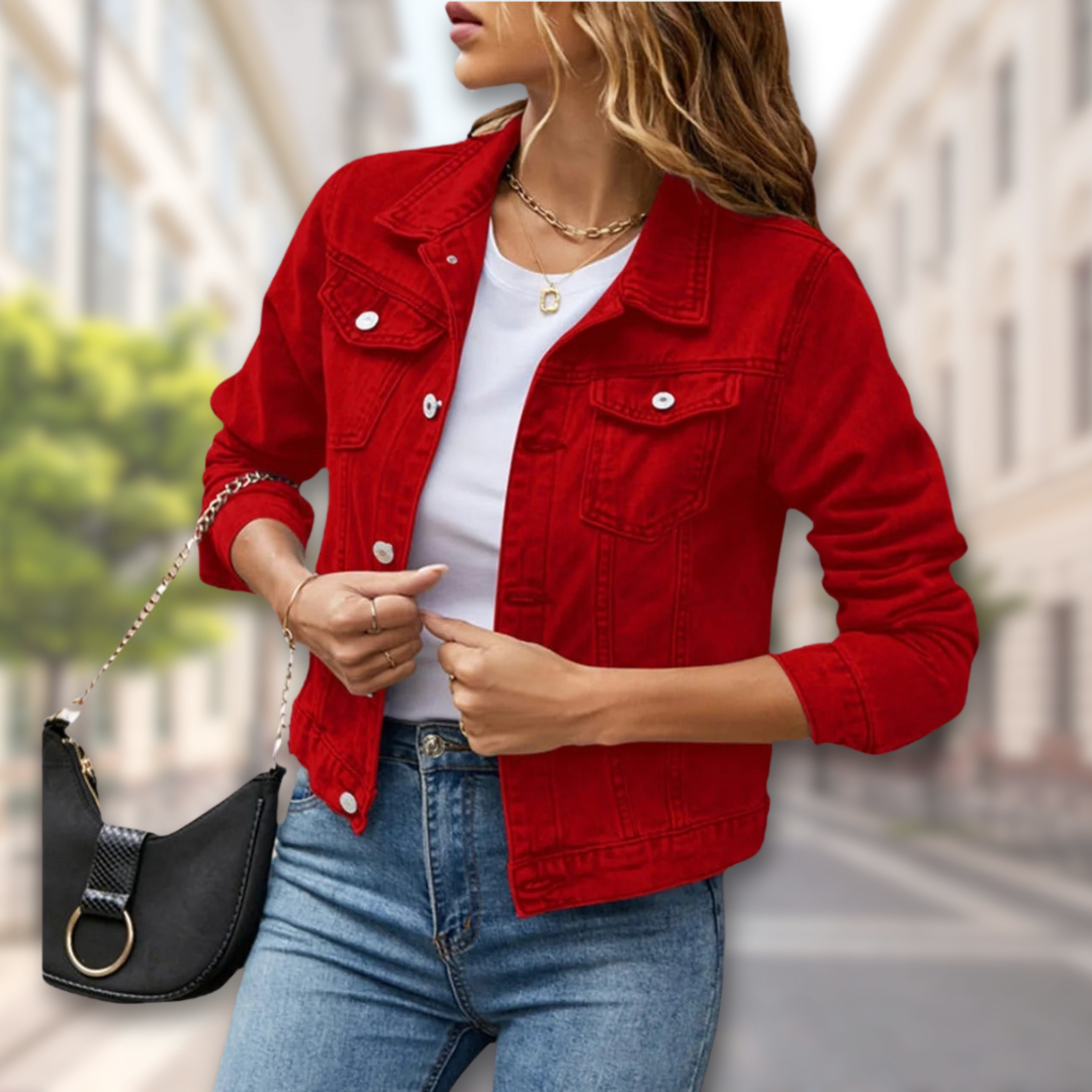 "Women's denim jacket with button-up front, available in multiple colors, adds chic style for all-season versatility."
