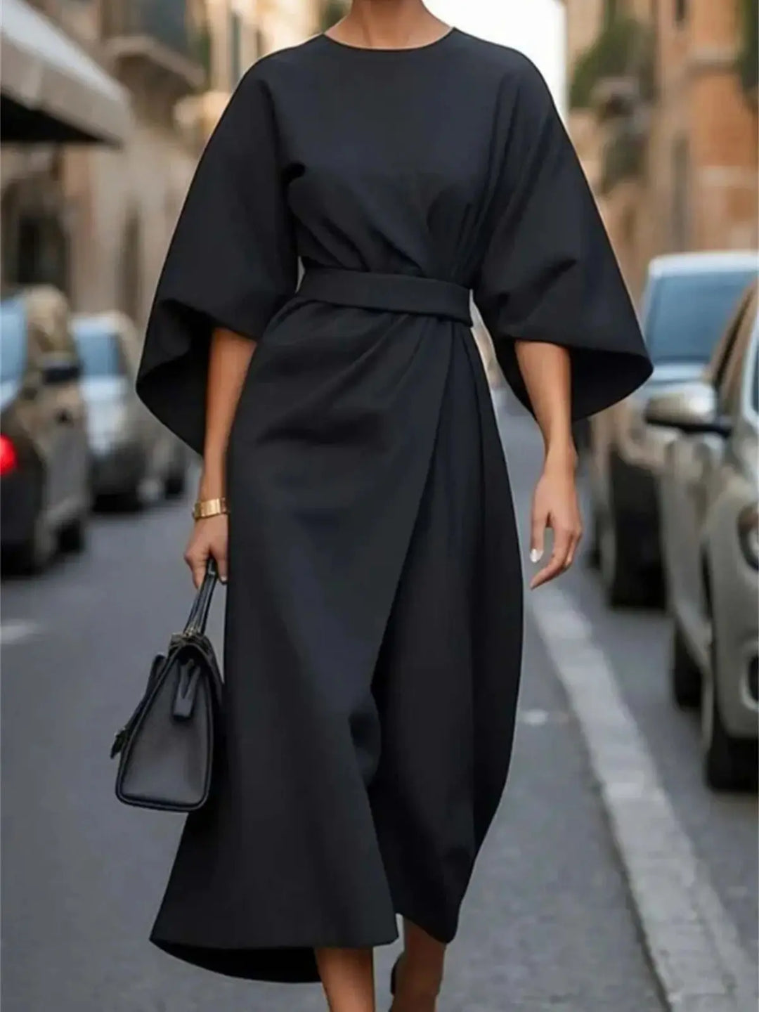 "Women's Elegant A-Line Midi Dress with Belt and Bell Sleeves, Navy Blue"