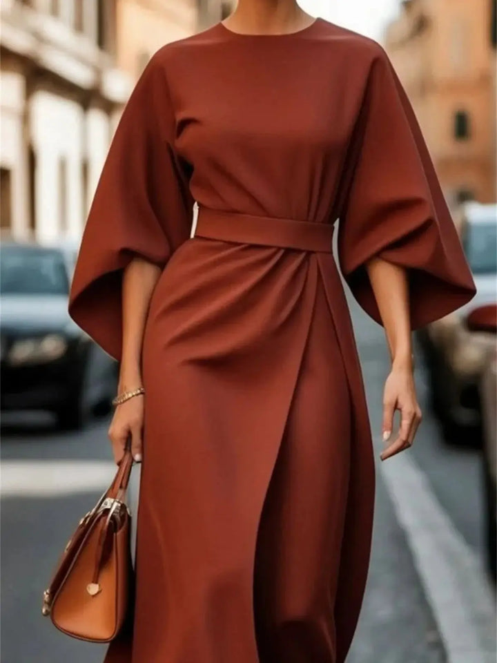 "Women's Elegant A-Line Midi Dress with Belt and Bell Sleeves, Navy Blue"