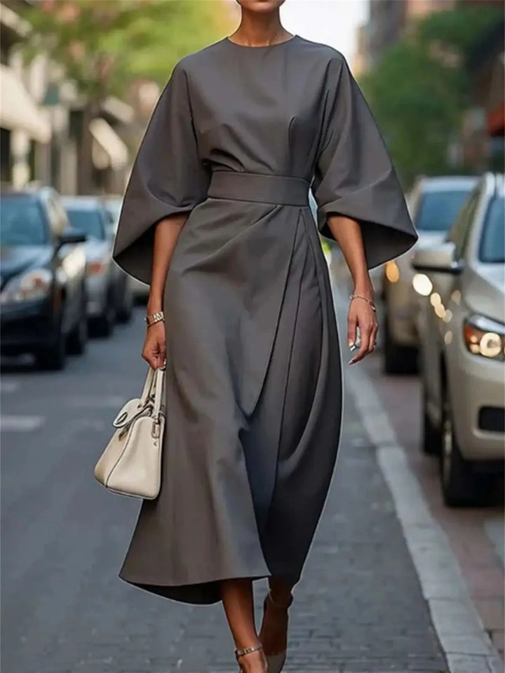 "Women's Elegant A-Line Midi Dress with Belt and Bell Sleeves, Navy Blue"