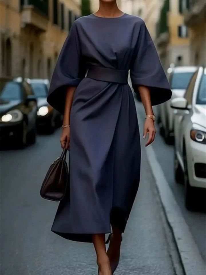 "Women's Elegant A-Line Midi Dress with Belt and Bell Sleeves, Navy Blue"