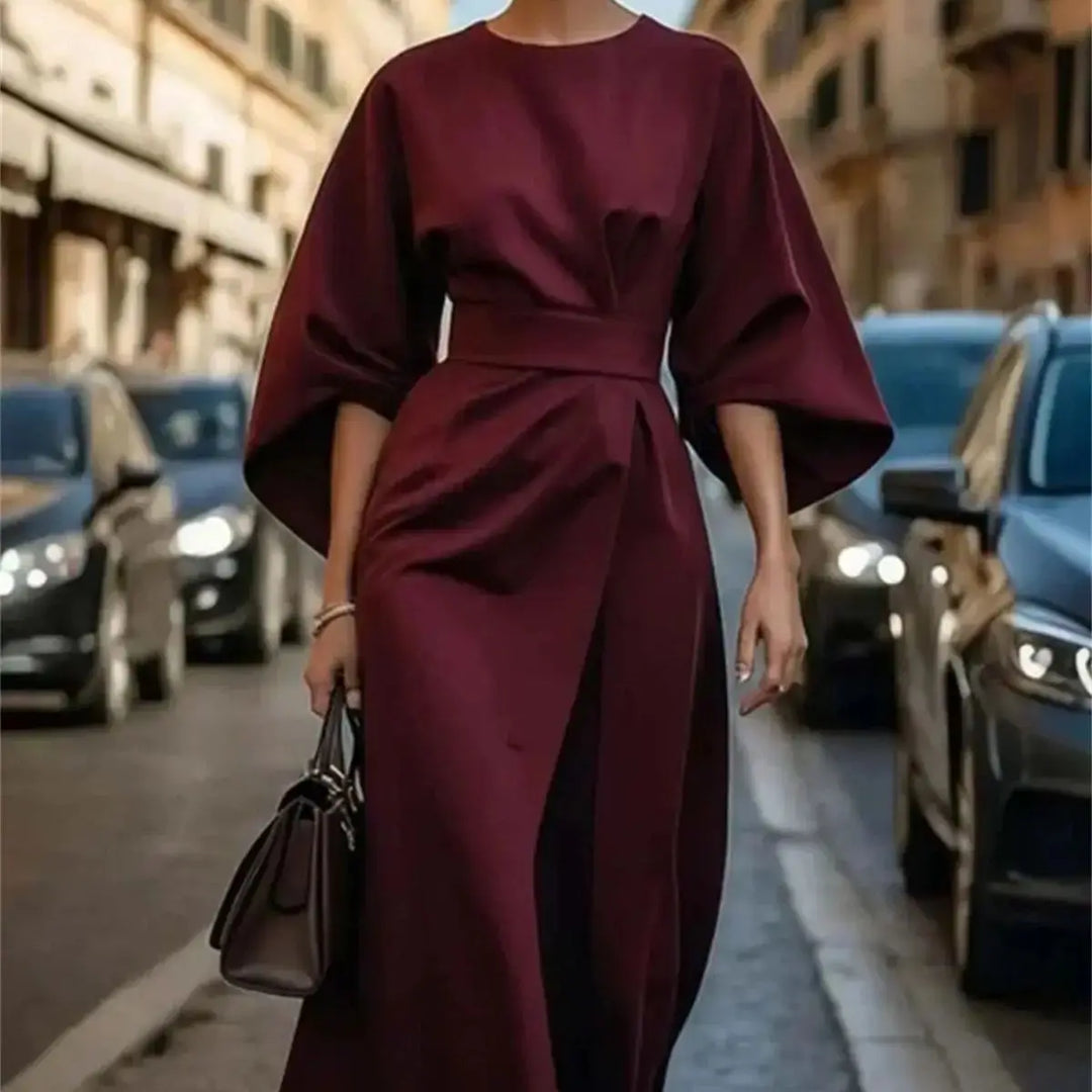 "Women's Elegant A-Line Midi Dress with Belt and Bell Sleeves, Navy Blue"