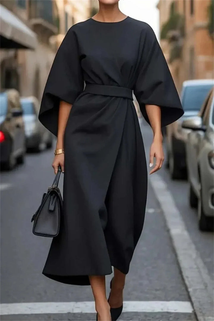 "Women's Elegant A-Line Midi Dress with Belt and Bell Sleeves, Navy Blue"