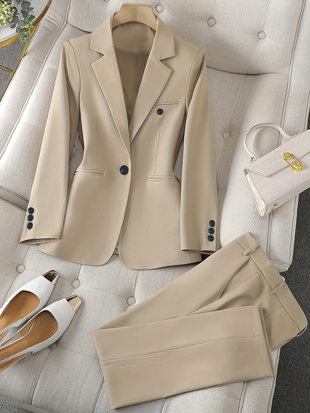 "Women's notched lapel blazer set, tailored fit, long sleeves, versatile all-season elegance, solid pattern in blue."