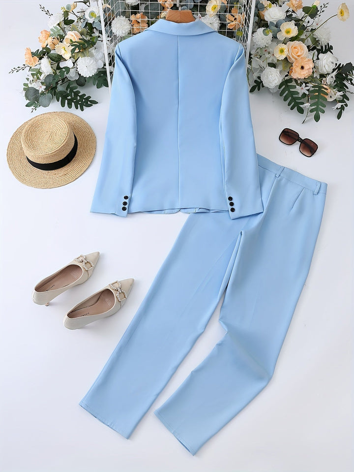 "Women's notched lapel blazer set, tailored fit, long sleeves, versatile all-season elegance, solid pattern in blue."
