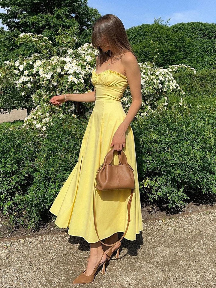 Yellow Women's Romantic Ruffled Strapless Midi Dress for summer parties. Elegant casual chic fashion.