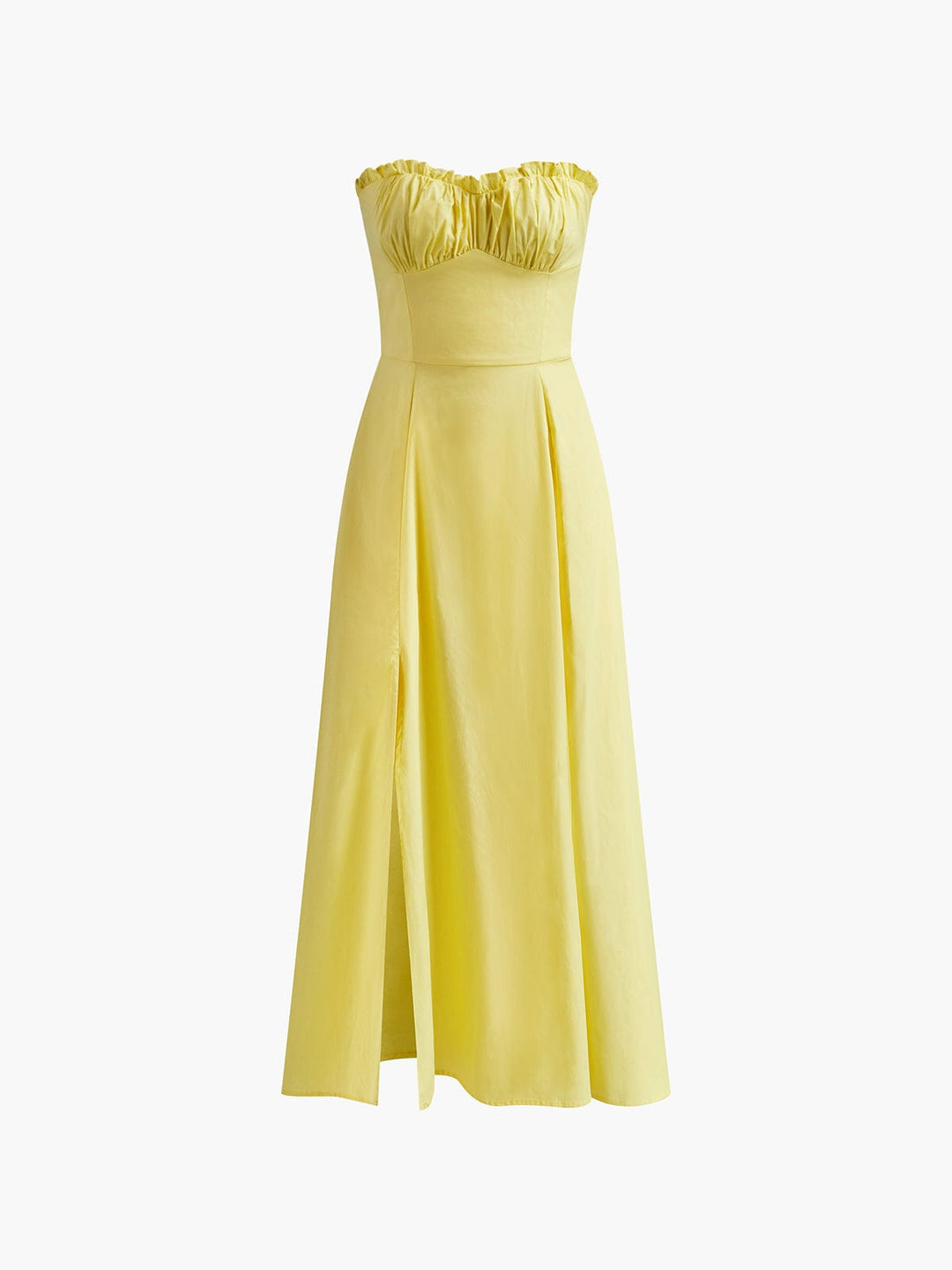 Strapless yellow midi dress with romantic ruffles. Perfect elegant summer fashion for women's party wear.