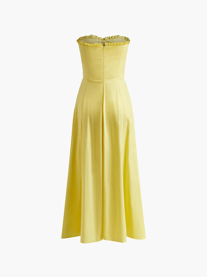 Women's casual chic yellow midi dress, strapless & ruffled. Romantic summer party fashion.