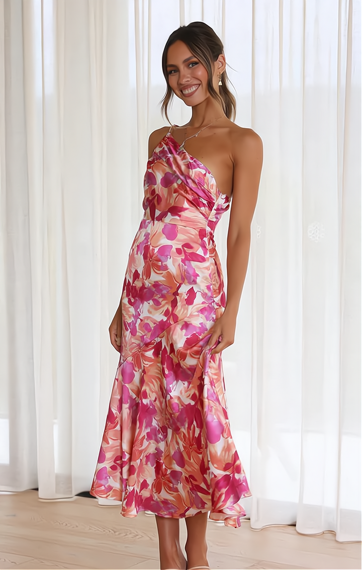 Stylish floral print off-shoulder summer dress for women. Elegant midi length, ideal for vacation or party.