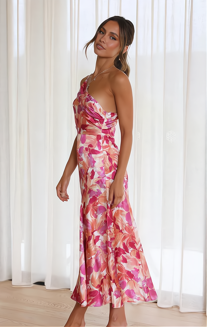 Trendy women's off-shoulder summer dress with vibrant floral print. Elegant midi style, perfect for chic fashion.